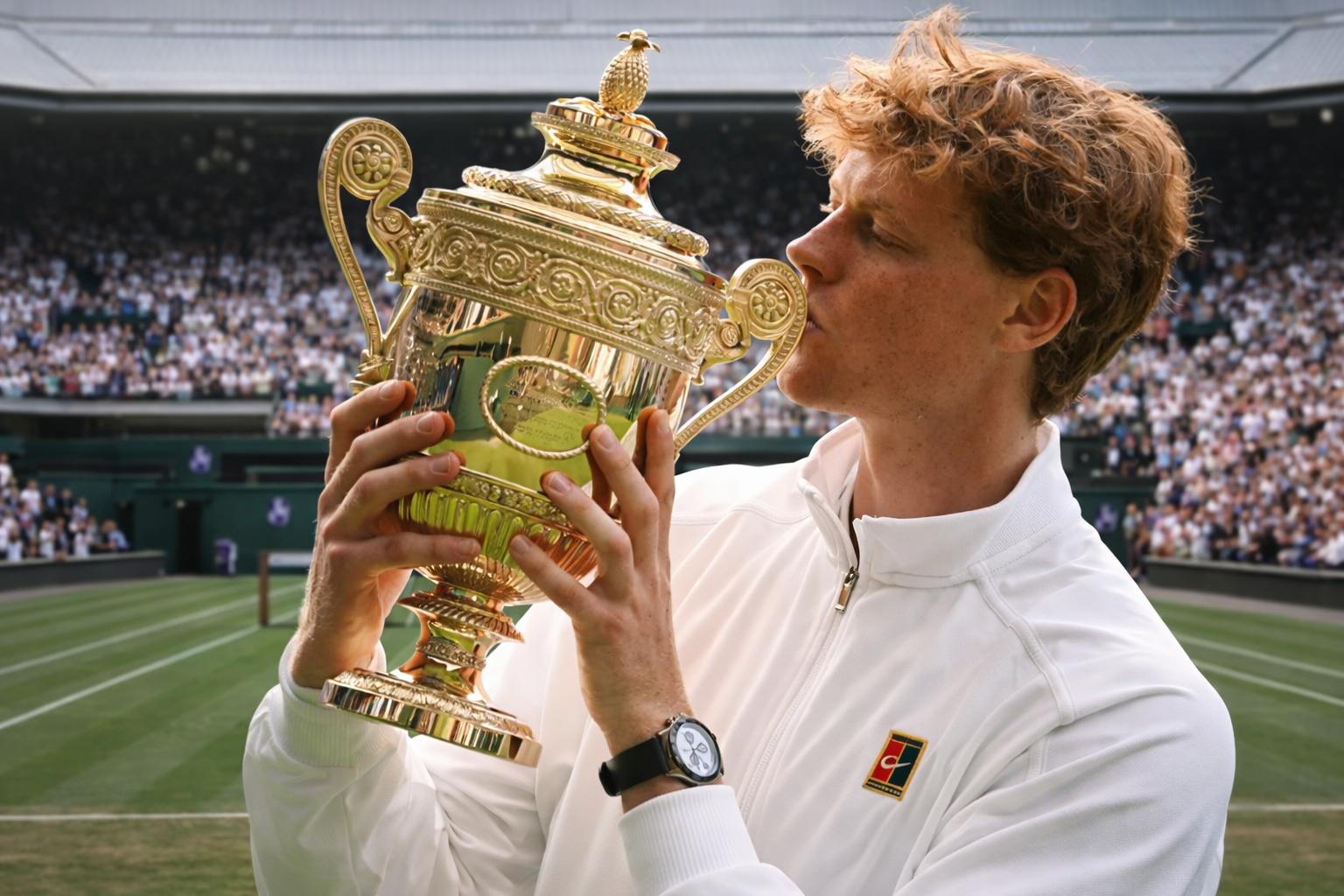 Wimbledon 2026 – Privatflug ab der Schweiz (29. Juni–12. Juli) – Spieler mit Siegerpokal im All England Lawn Tennis Club (SW19)