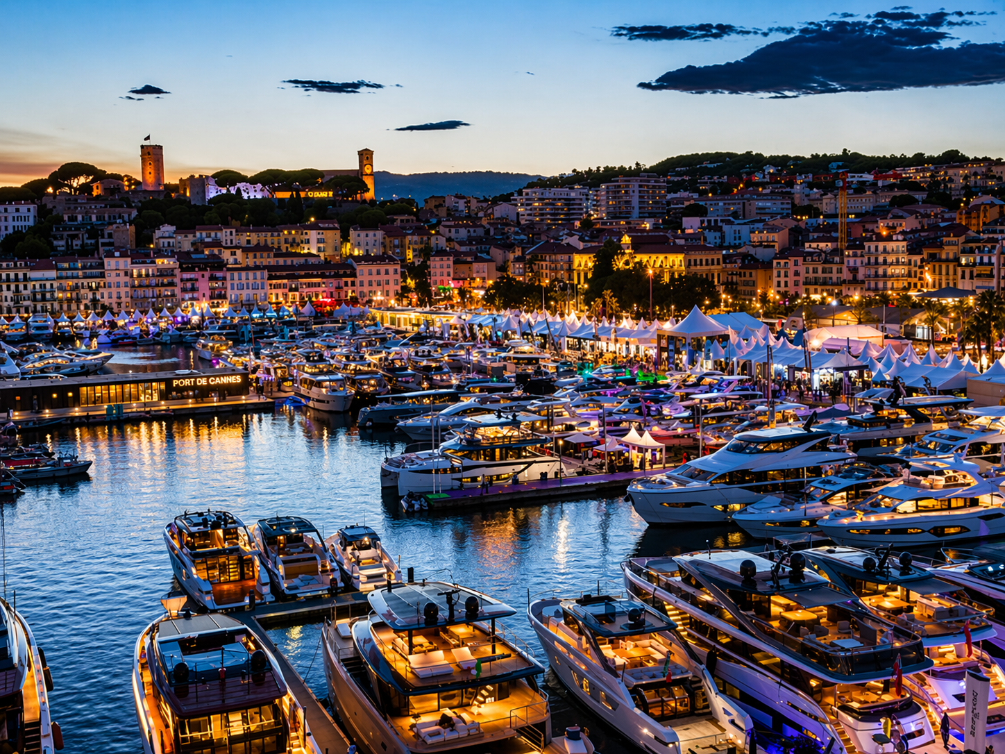 Cannes Yachting Festival 2026 – Privatflug ab der Schweiz: Blick auf den Hafen von Cannes mit zahlreichen Yachten und Booten im Abendlicht an der Côte d’Azur.