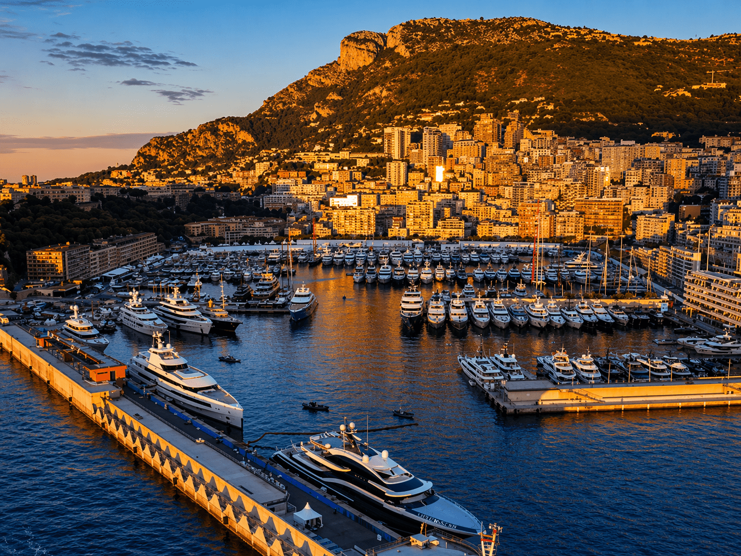 Monaco Yacht Show 2026 – Privatflug ab der Schweiz: Blick auf den Port Hercule in Monaco mit zahlreichen Yachten und Superyachten vor der Altstadt und den Hügeln im Abendlicht.