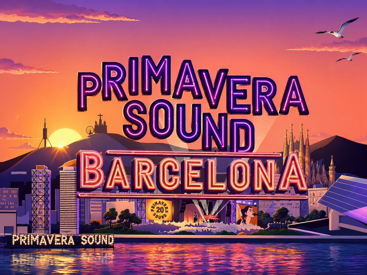 Primavera Sound Barcelona 2026 – Festivalplakat im Parc del Fòrum – Privatflug ab der Schweiz mit Swiss Elite Flight