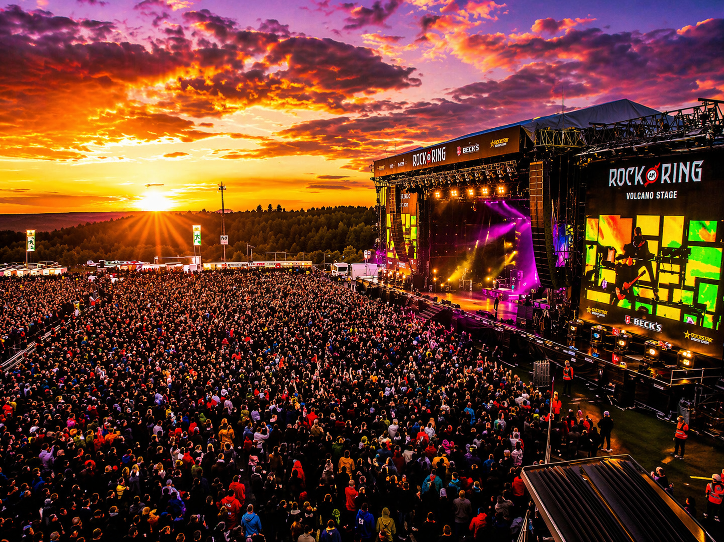 Rock am Ring 2026 at the Nürburgring at sunset – festival stage and crowd, ideal for event travel by private flight from Switzerland.