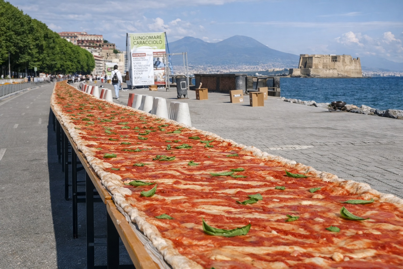 Napoli Pizza Village 2026 – Privatflug ab der Schweiz: Extra lange Pizza auf einer langen Tafel im Freien, belegt mit Tomaten und Basilikum beim Pizza-Festival in Neapel.