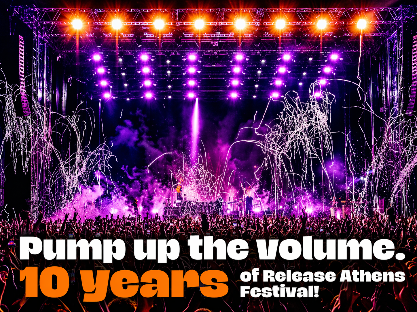 Release Athens Festival 2026 – Privatflug ab der Schweiz: Bunte Bühnenlichter und Festivalgrafik mit dem Slogan „Pump up the volume“ und Hinweis auf „10 years“.