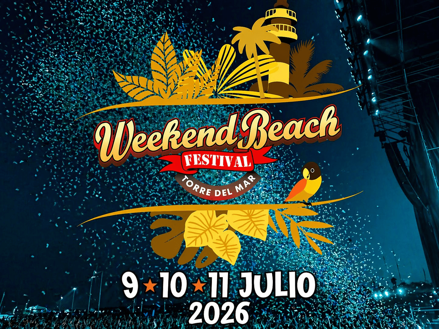 Weekend Beach Festival 2026 – Privatflug ab der Schweiz: Festivalplakat mit dem Schriftzug „Weekend Beach Festival“, Ort „Torre del Mar“ und Datum 9. – 11. Juli 2026.