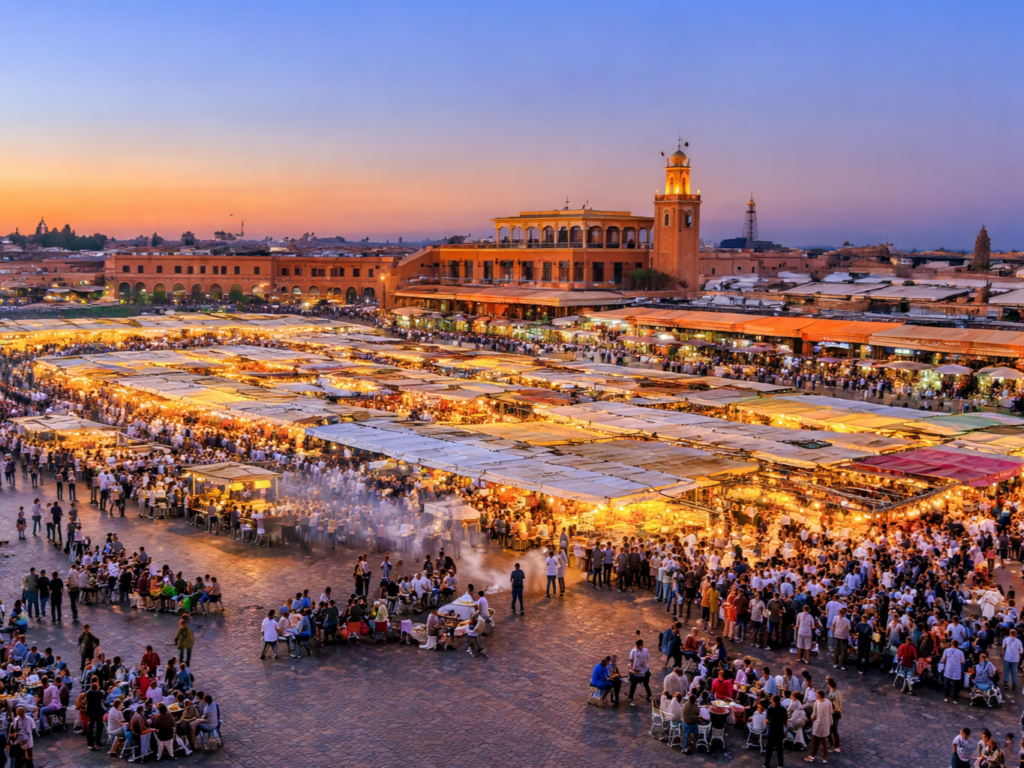 Marrakech at sunset with a view over the Jemaa el-Fna and the illuminated market stalls of the Medina