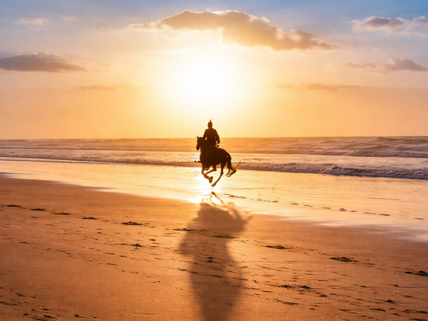 Horse rider on a Moroccan beach at sunset with views of the Atlantic