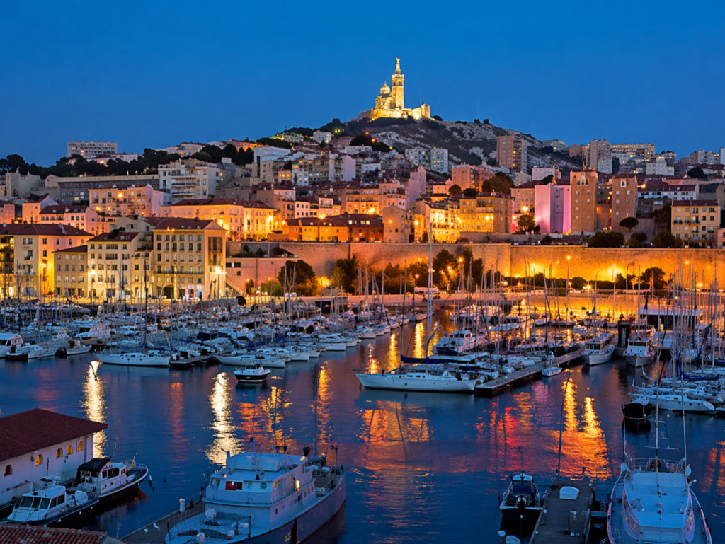 Evening view of Marseille with the illuminated Vieux-Port, numerous yachts in the harbor, reflections in the water and the brightly lit Basilica of Notre-Dame de la Garde on the hill.