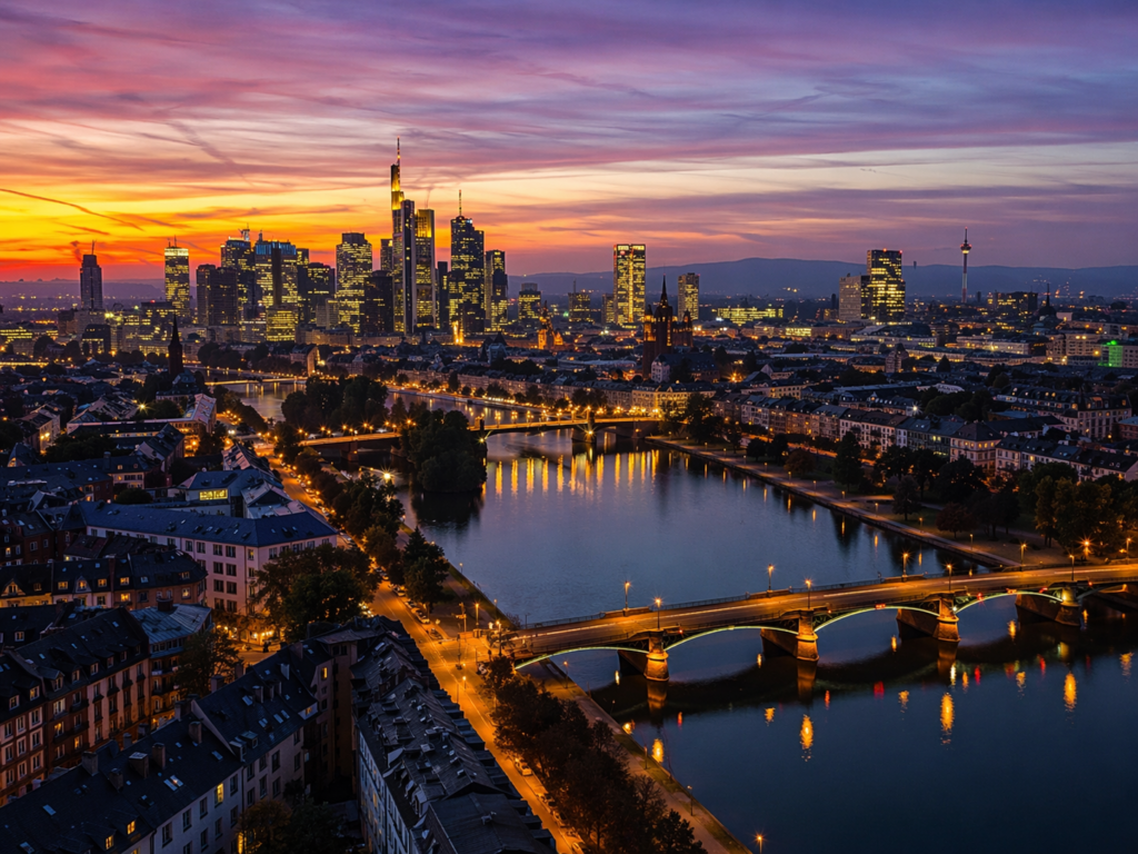 Frankfurt am Main at sunset with illuminated skyline, modern skyscrapers, bridges over the Main river and atmospheric reflections in the water.